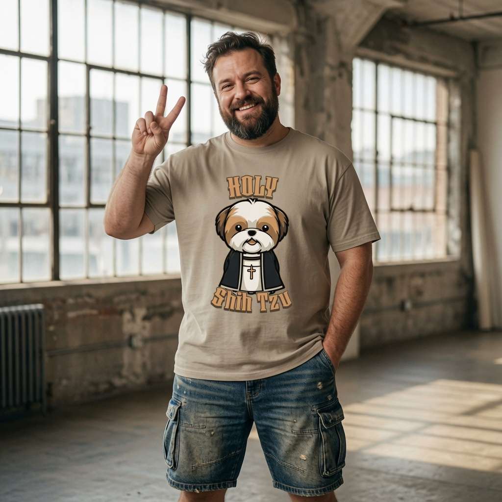 Bearded man making peace sign in stone Holy Shih Tzu t-shirt featuring priest dog graphic, mens cheeky witty dog pun