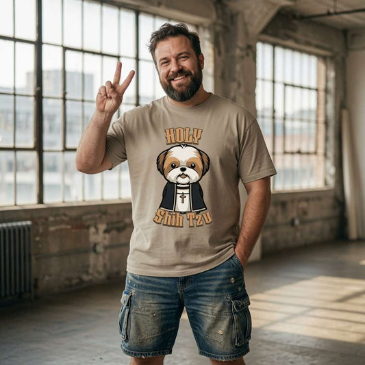 Bearded man making peace sign in stone Holy Shih Tzu t-shirt featuring priest dog graphic, mens cheeky witty dog pun