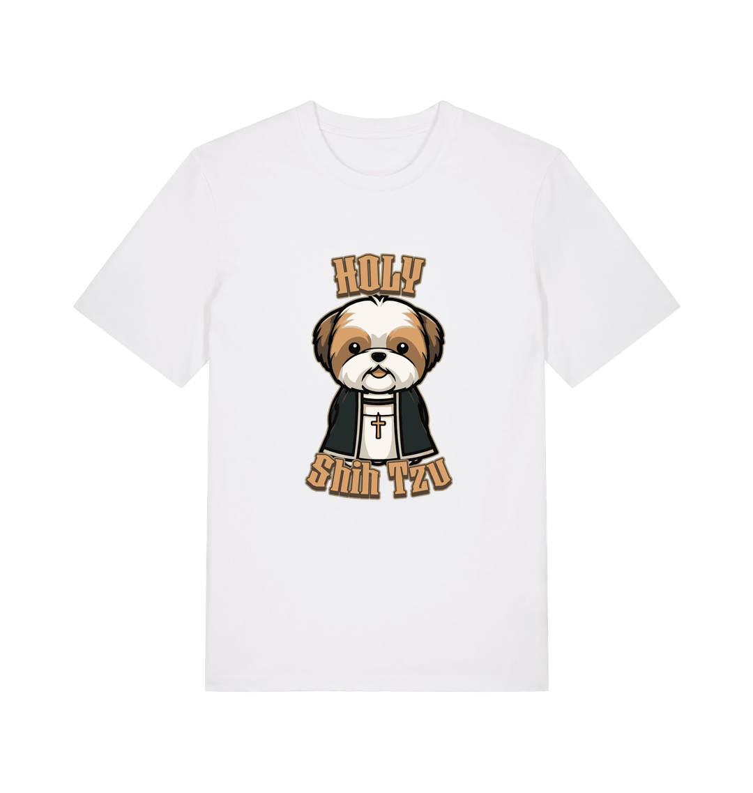white funny animal t-shirt with the graphic of a dog dressed as a priest and the slogan 'holy shihtzu'