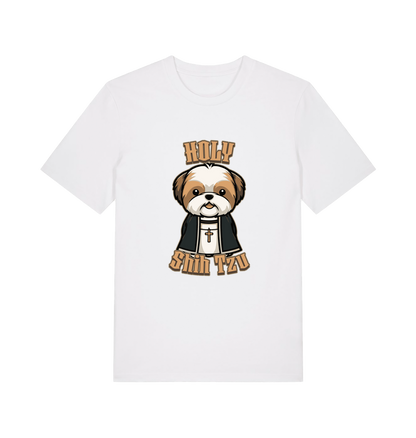 white funny animal t-shirt with the graphic of a dog dressed as a priest and the slogan 'holy shihtzu'