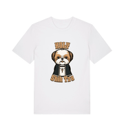 white funny animal t-shirt with the graphic of a dog dressed as a priest and the slogan 'holy shihtzu'