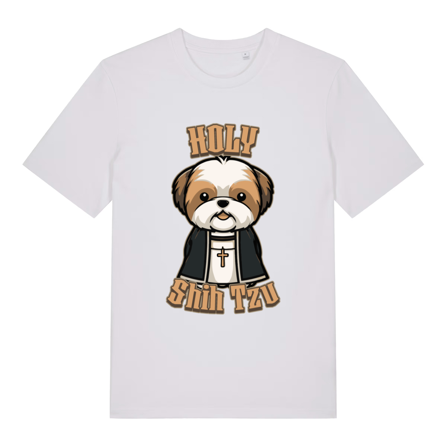 White Holy Shihtzu T-shirt flat lay displaying Holy Shihtzu priest dog illustration