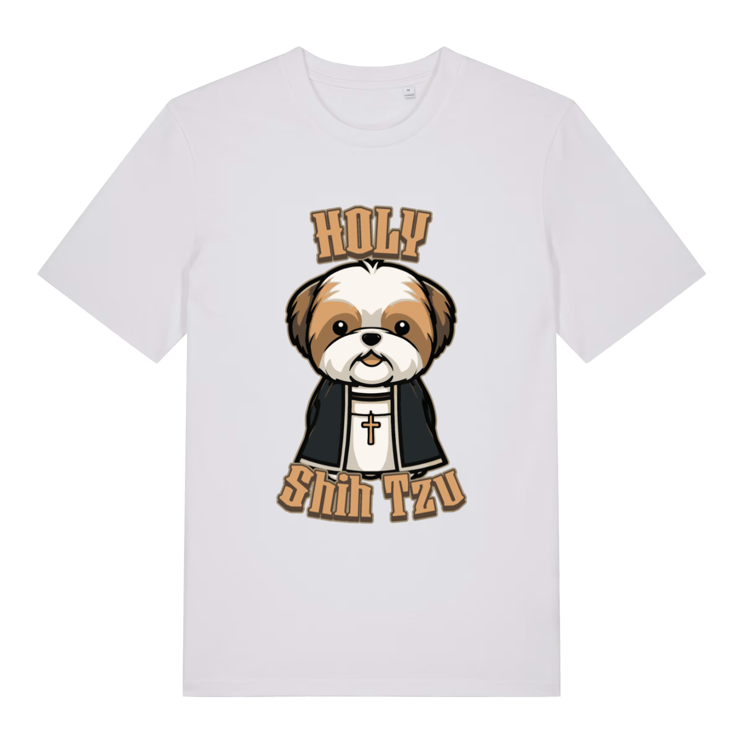 White Holy Shihtzu T-shirt flat lay displaying Holy Shihtzu priest dog illustration