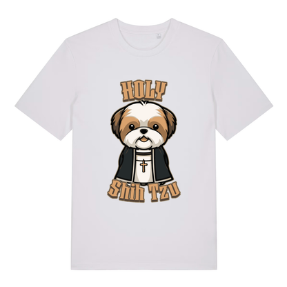 White Holy Shihtzu T-shirt flat lay displaying Holy Shihtzu priest dog illustration