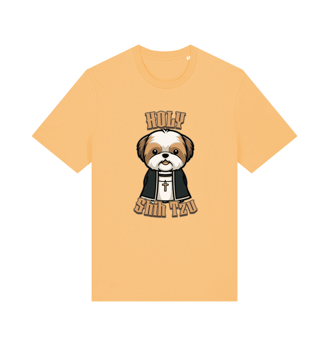 yellow funny animal t-shirt with the graphic of a dog dressed as a priest and the slogan 'holy shihtzu'