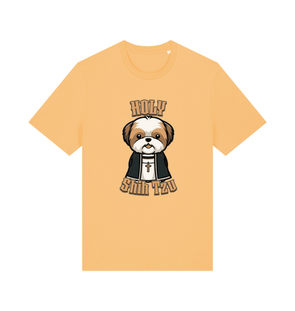yellow funny animal t-shirt with the graphic of a dog dressed as a priest and the slogan 'holy shihtzu'