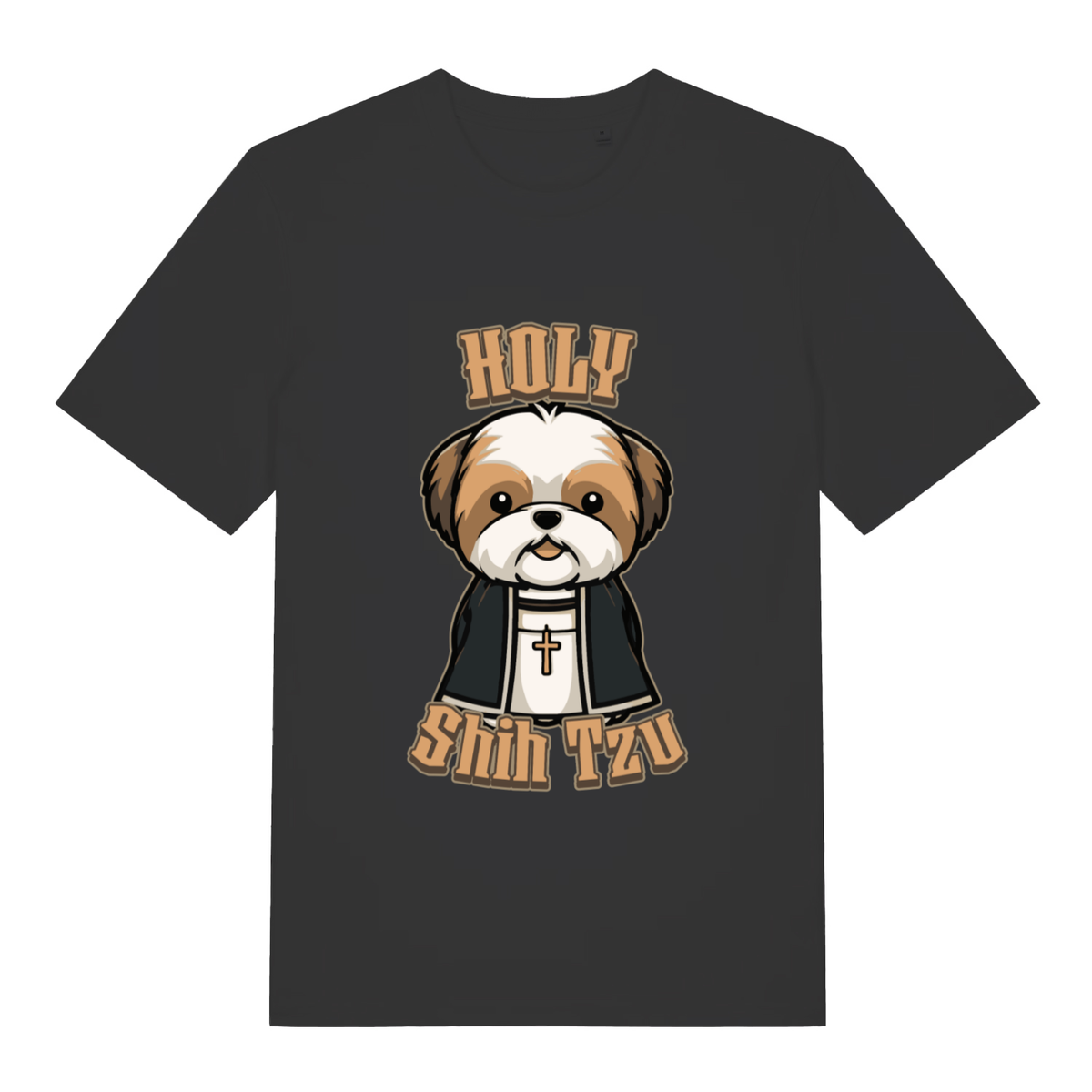 Black women's Holy Shihtzu T-shirt flat lay with cute Shih Tzu priest "Holy Shihtzu" funny dog graphic