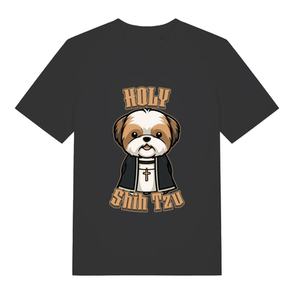 Black women's Holy Shihtzu T-shirt flat lay with cute Shih Tzu priest "Holy Shihtzu" funny dog graphic