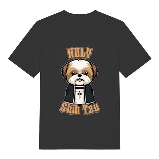 Black women's Holy Shihtzu T-shirt flat lay with cute Shih Tzu priest "Holy Shihtzu" funny dog graphic