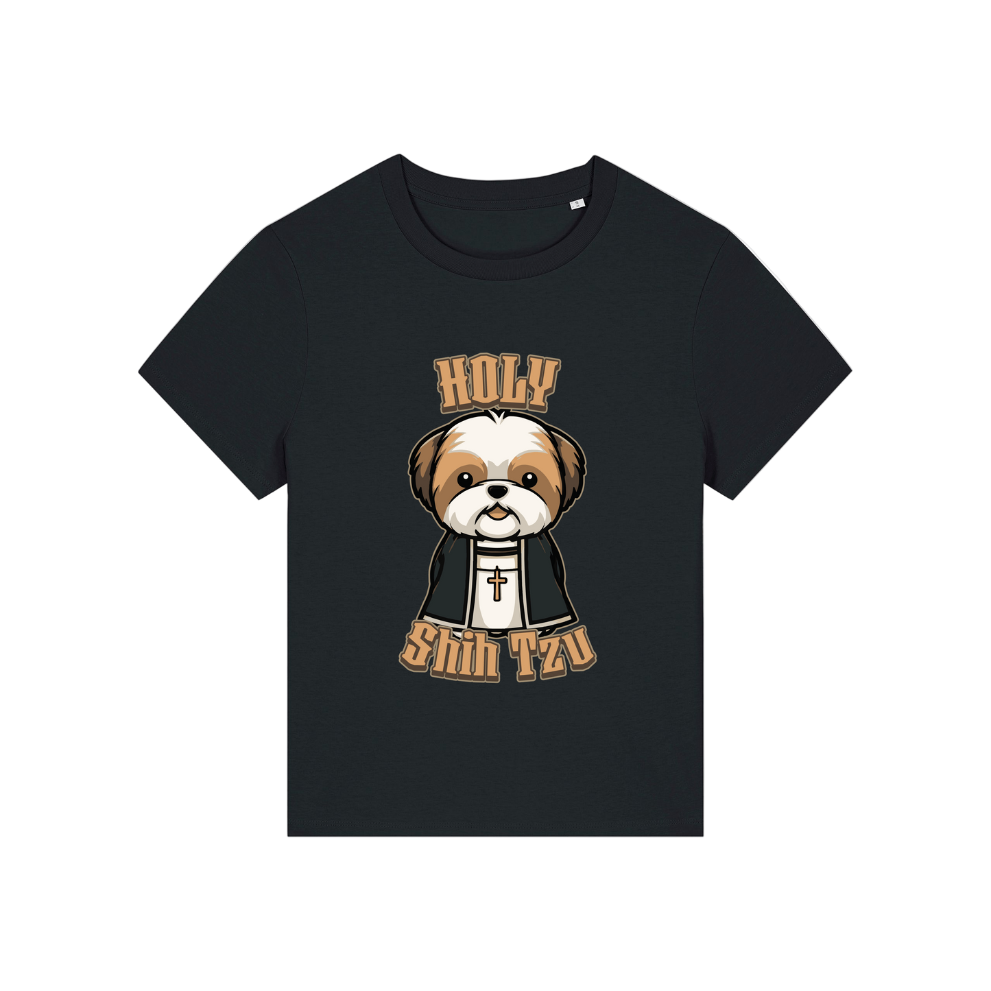 black funny dog t-shirt with the graphic of a shihtzu dressed as a vicar and the slogan 'holy shihtzu'
