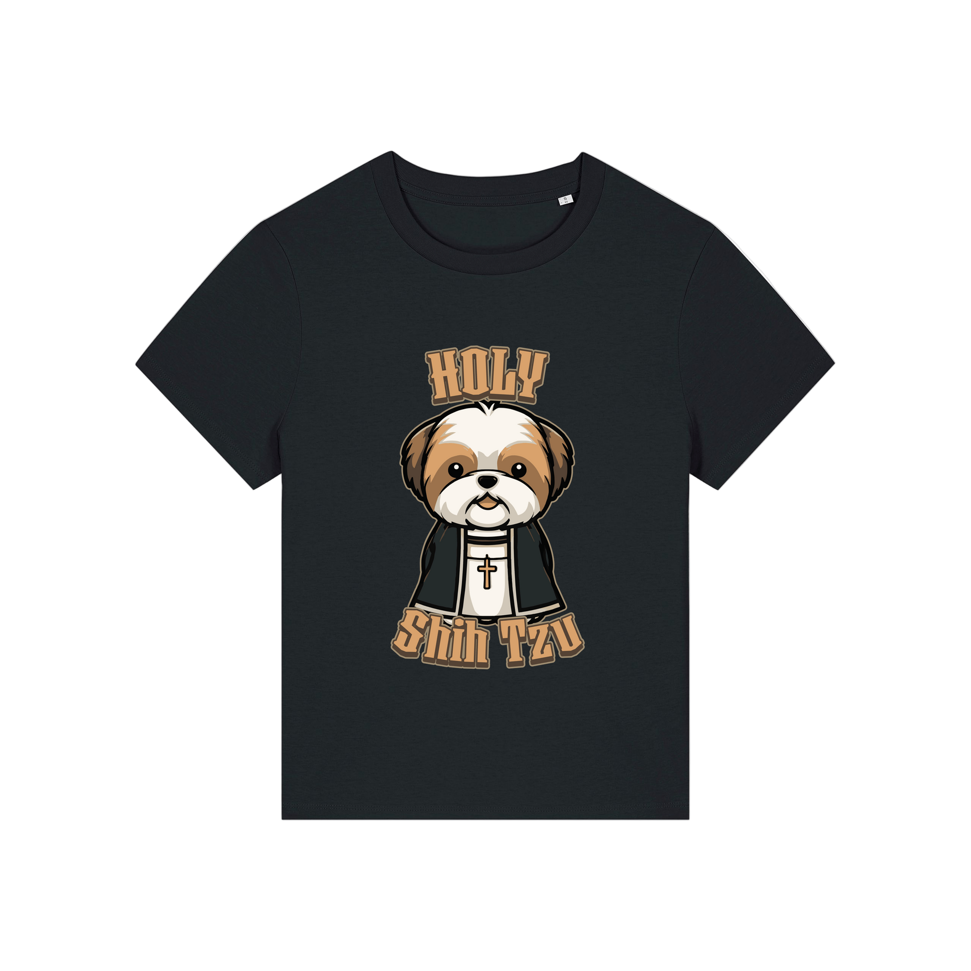 black funny dog t-shirt with the graphic of a shihtzu dressed as a vicar and the slogan 'holy shihtzu'