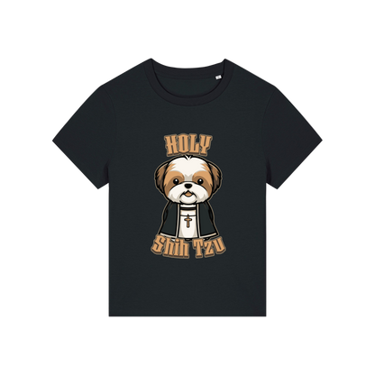 black funny dog t-shirt with the graphic of a shihtzu dressed as a vicar and the slogan 'holy shihtzu'