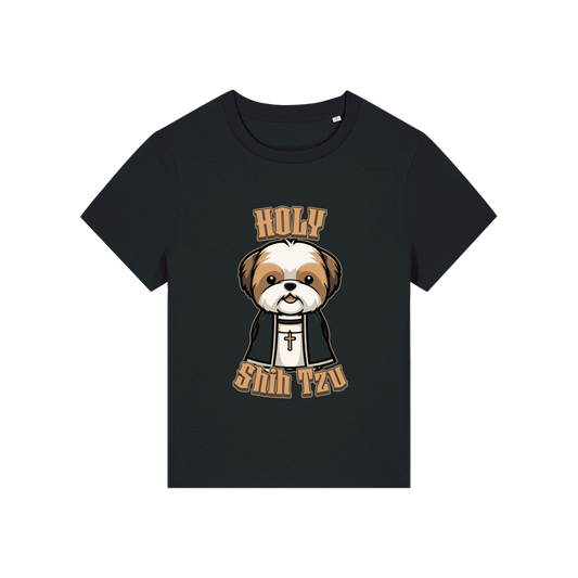 black funny dog t-shirt with the graphic of a shihtzu dressed as a vicar and the slogan 'holy shihtzu'