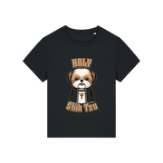 black funny dog t-shirt with the graphic of a shihtzu dressed as a vicar and the slogan 'holy shihtzu'