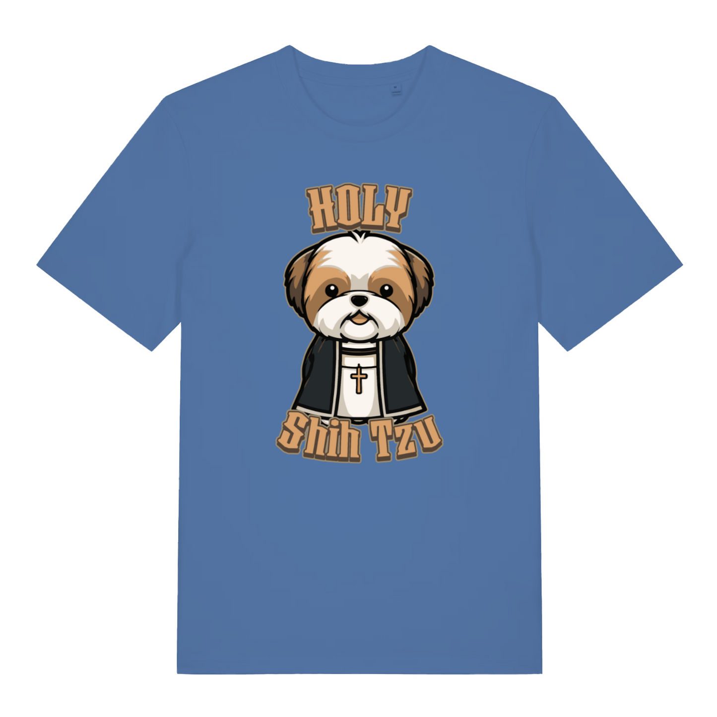 blue women's funny animal t-shirt with a cartoon dog and 'Holy Shih Tzu' text 