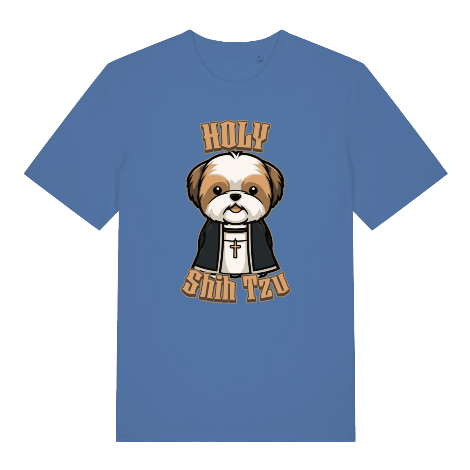 blue women's funny animal t-shirt with a cartoon dog and 'Holy Shih Tzu' text 