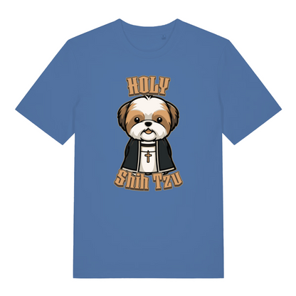 blue women's funny animal t-shirt with a cartoon dog and 'Holy Shih Tzu' text 
