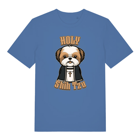 blue women's funny animal t-shirt with a cartoon dog and 'Holy Shih Tzu' text 