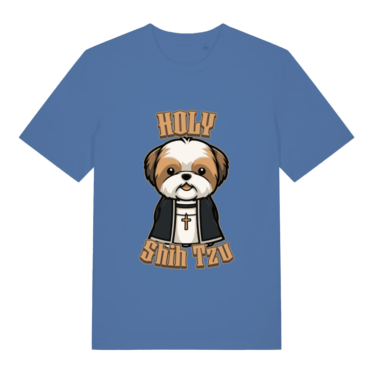 Bright Blue women's Holy Shihtzu T-shirt flat lay featuring adorable priest dog illustration