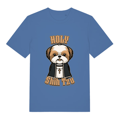 Bright Blue women's Holy Shihtzu T-shirt flat lay featuring adorable priest dog illustration