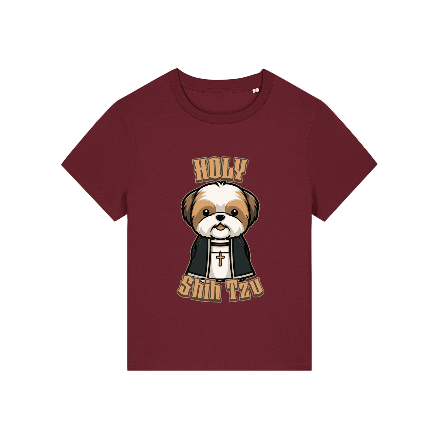 burgundy funny dog t-shirt with the graphic of a shihtzu dressed as a vicar and the slogan 'holy shihtzu'