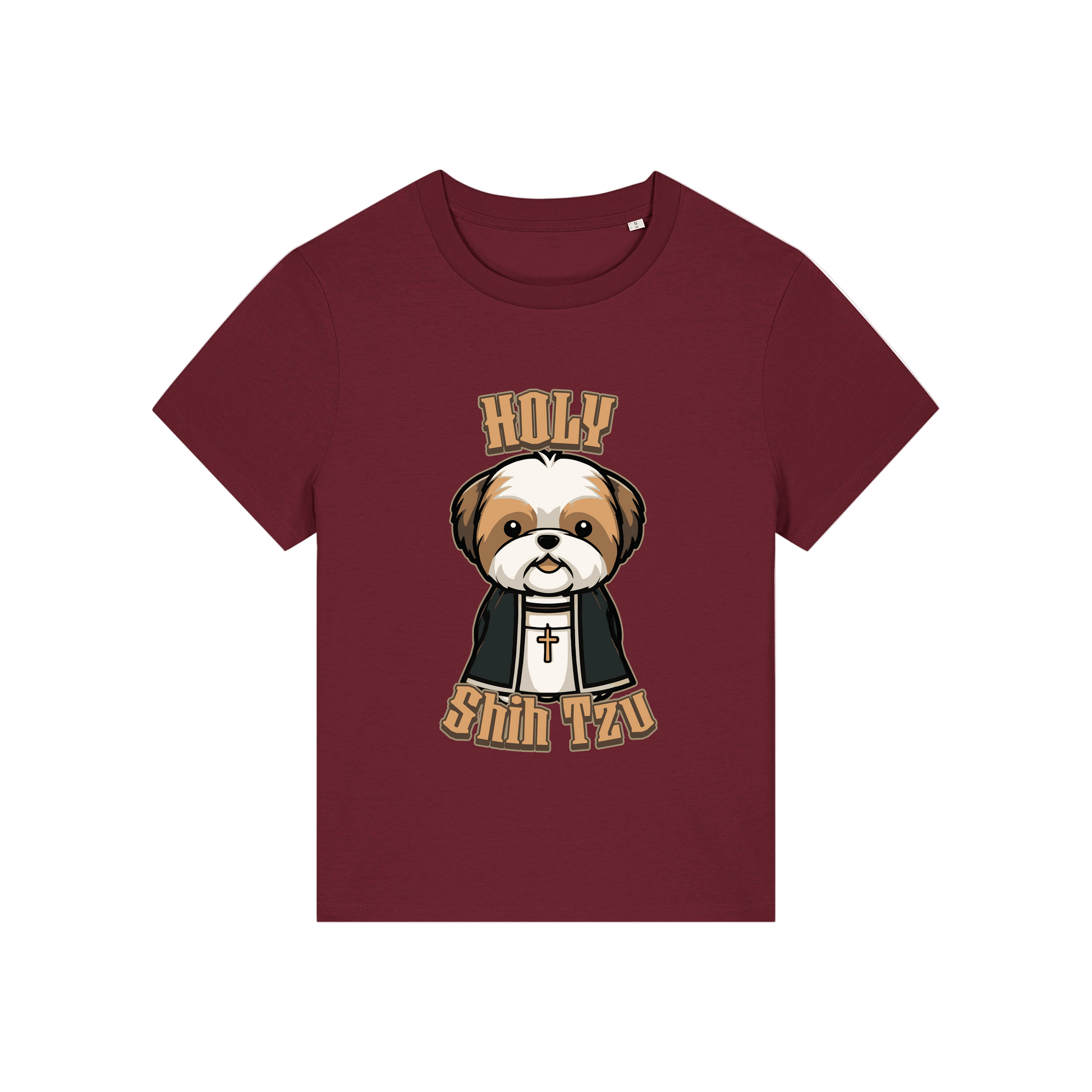 burgundy funny dog t-shirt with the graphic of a shihtzu dressed as a vicar and the slogan 'holy shihtzu'