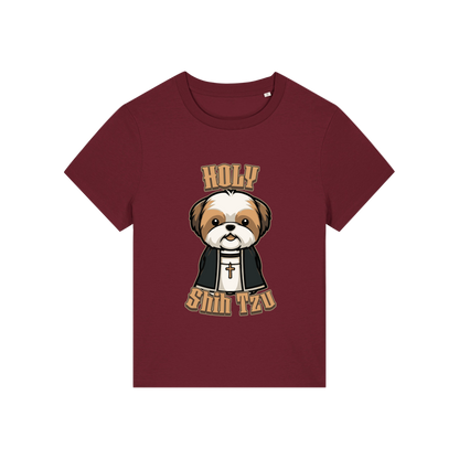 burgundy funny dog t-shirt with the graphic of a shihtzu dressed as a vicar and the slogan 'holy shihtzu'