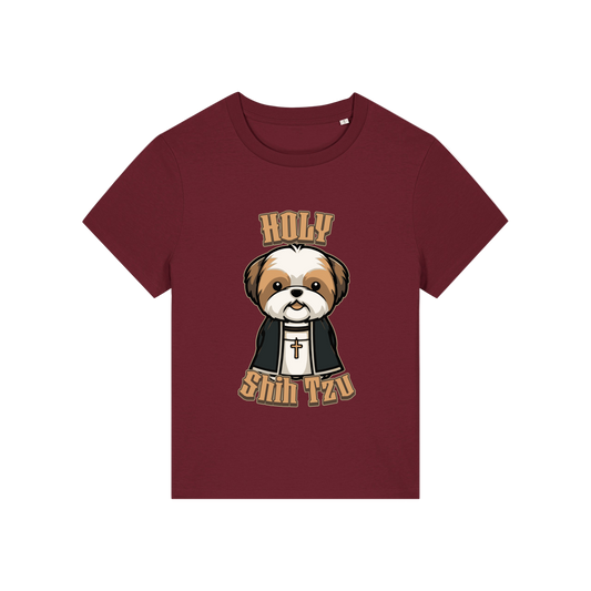 burgundy funny dog t-shirt with the graphic of a shihtzu dressed as a vicar and the slogan 'holy shihtzu'