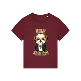 burgundy funny dog t-shirt with the graphic of a shihtzu dressed as a vicar and the slogan 'holy shihtzu'