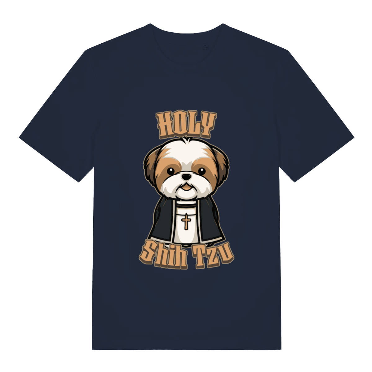 French Navy women's Holy Shihtzu T-shirt flat lay showing "Holy Shihtzu" religious dog pun design