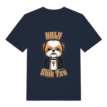 French Navy women's Holy Shihtzu T-shirt flat lay showing "Holy Shihtzu" religious dog pun design