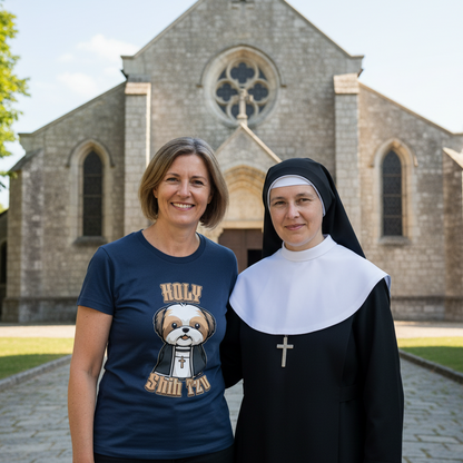 Two women standing in front of a church, one wearing a nun's habit and the other a t-shirt with a cartoon dog.