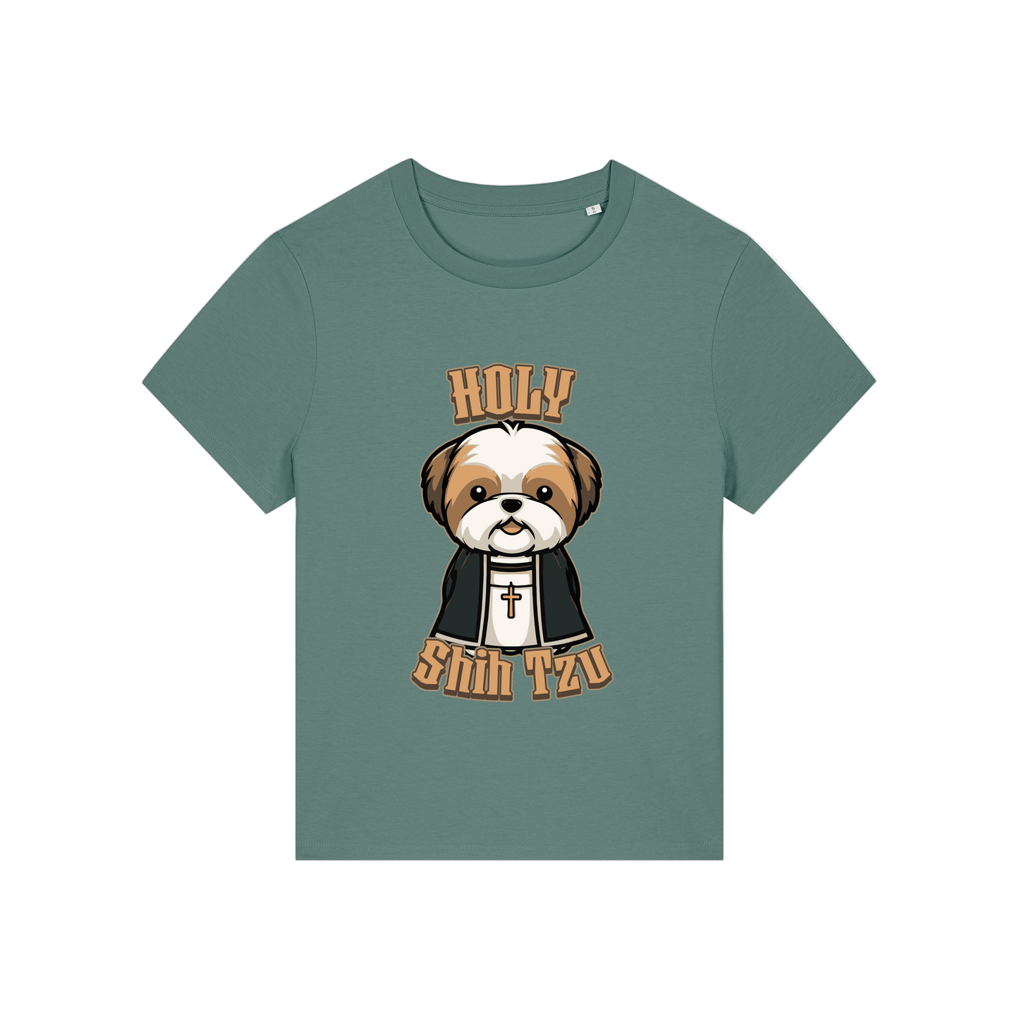 green funny dog t-shirt with the graphic of a shihtzu dressed as a vicar and the slogan 'holy shihtzu'