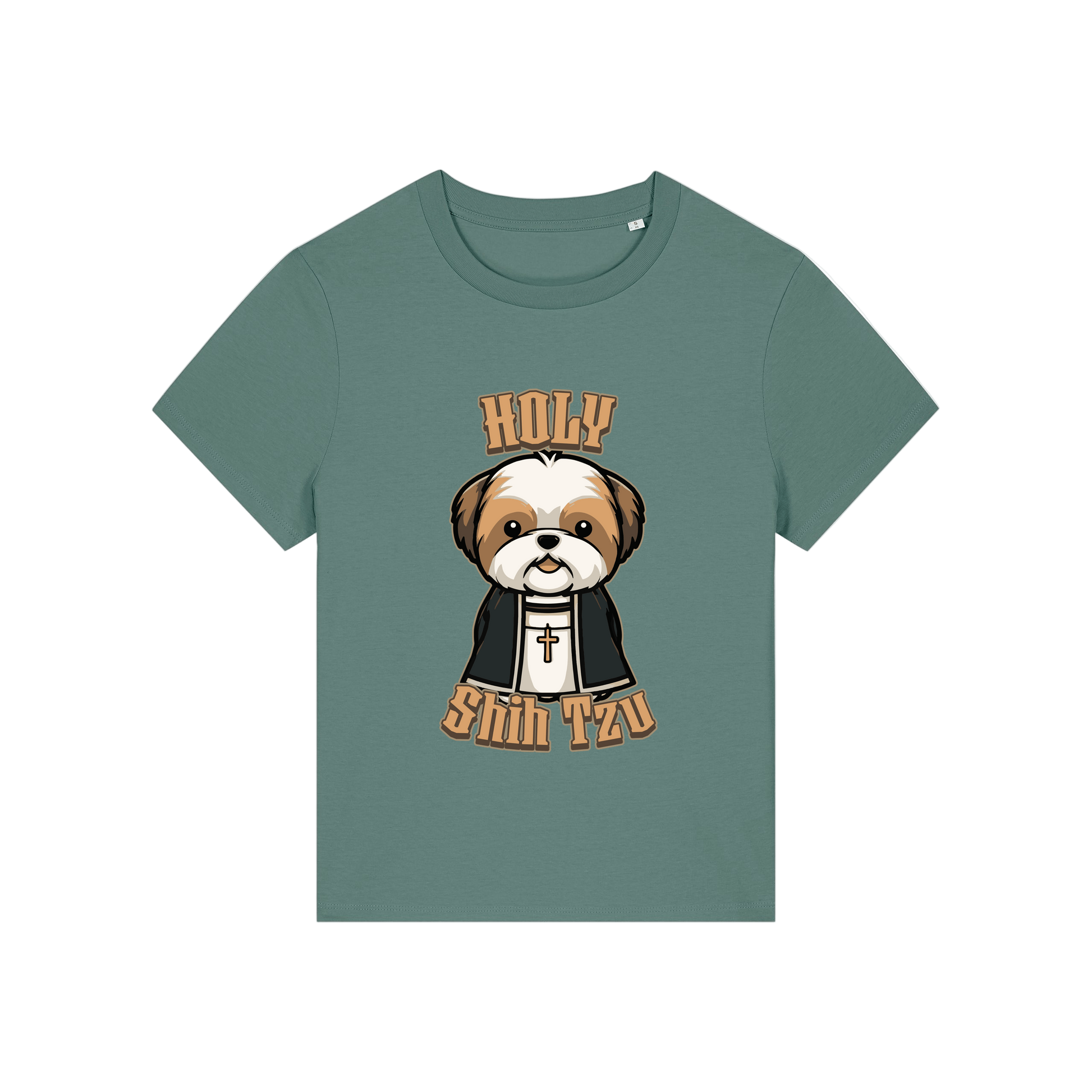green funny dog t-shirt with the graphic of a shihtzu dressed as a vicar and the slogan 'holy shihtzu'