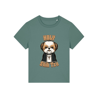 green funny dog t-shirt with the graphic of a shihtzu dressed as a vicar and the slogan 'holy shihtzu'