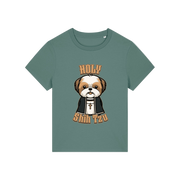 green funny dog t-shirt with the graphic of a shihtzu dressed as a vicar and the slogan 'holy shihtzu'