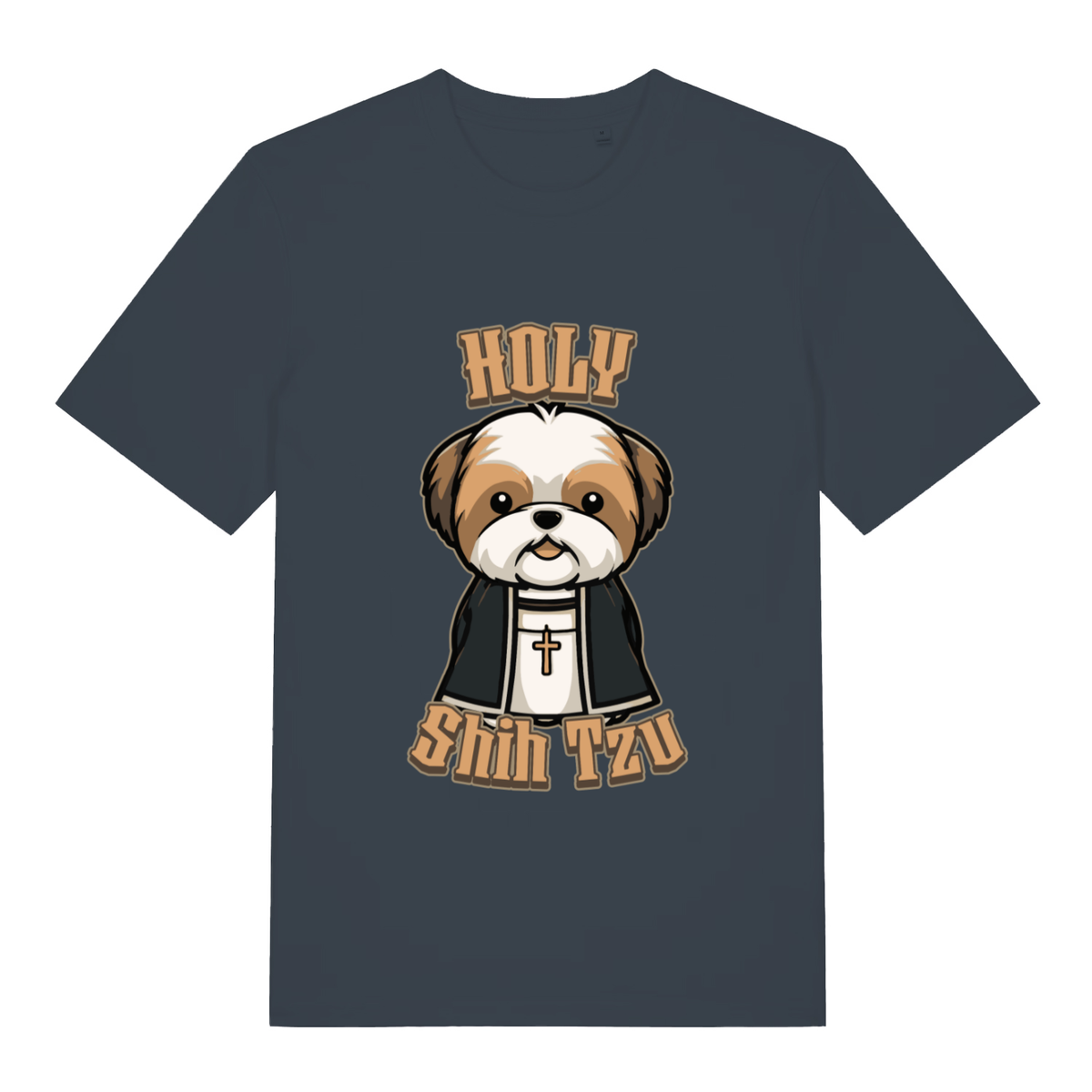 Ink Grey women's Holy Shihtzu T-shirt flat lay with funny Shih Tzu in clerical robes graphic