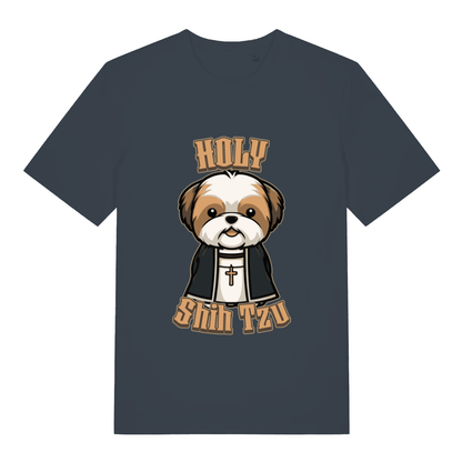 Ink Grey women's Holy Shihtzu T-shirt flat lay with funny Shih Tzu in clerical robes graphic