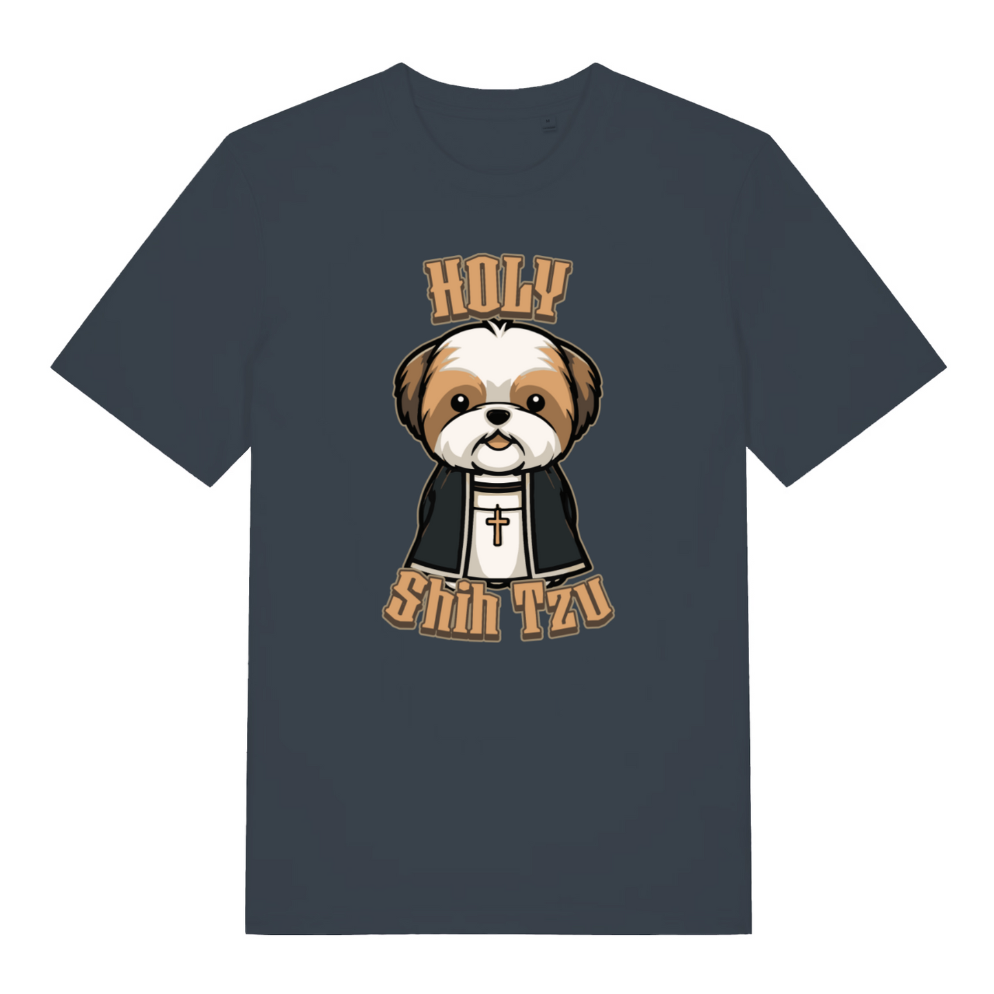 ink grey women's funny animal t-shirt with a cartoon dog and 'Holy Shih Tzu' text 