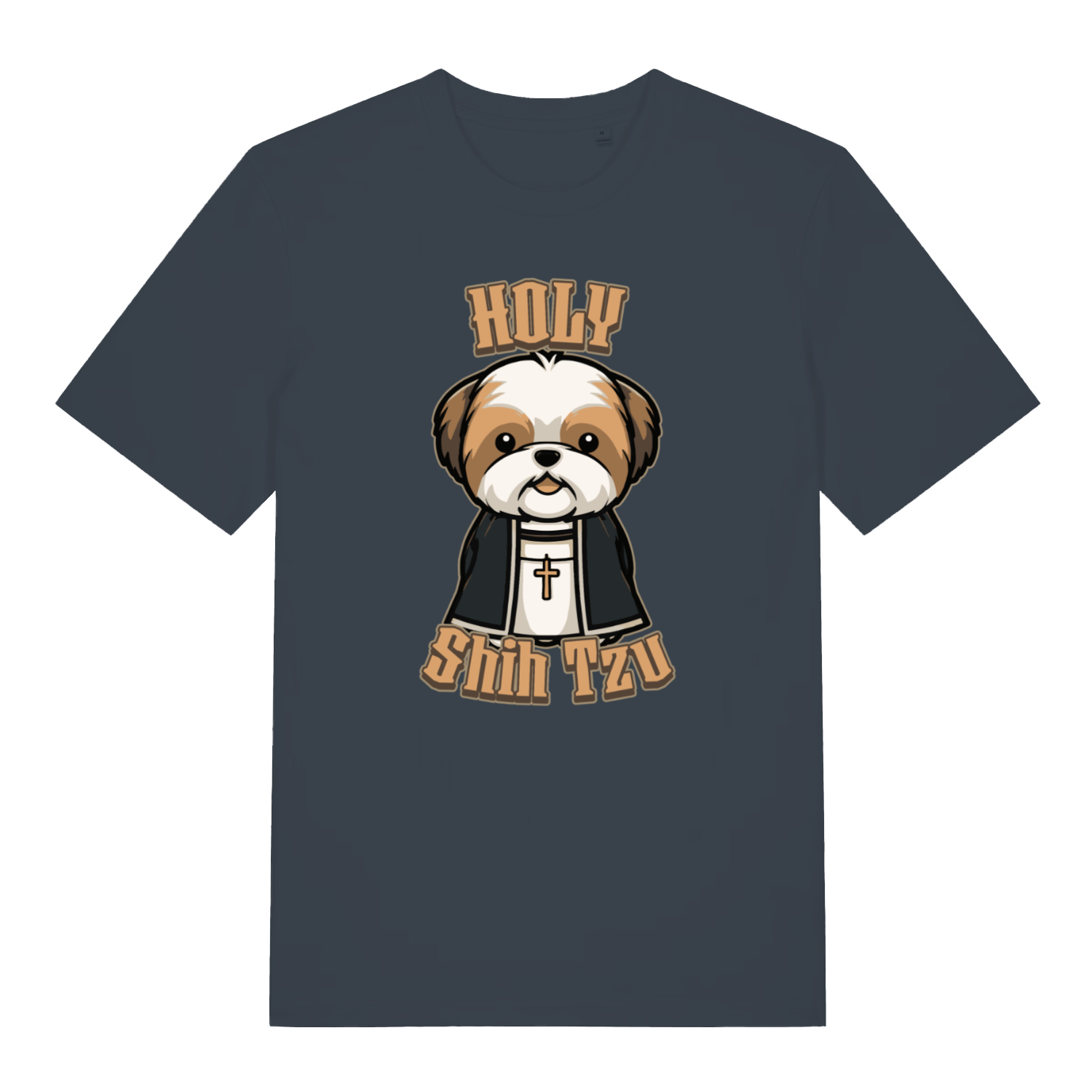 ink grey women's funny animal t-shirt with a cartoon dog and 'Holy Shih Tzu' text 