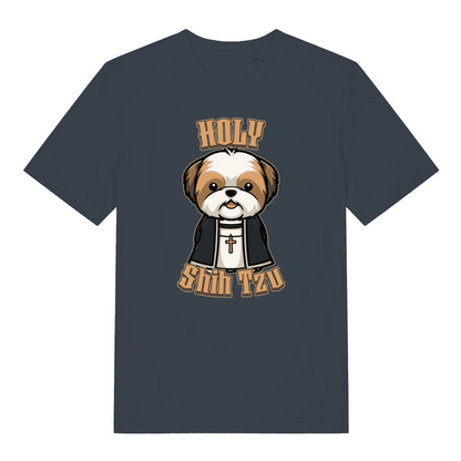 ink grey women's funny animal t-shirt with a cartoon dog and 'Holy Shih Tzu' text 