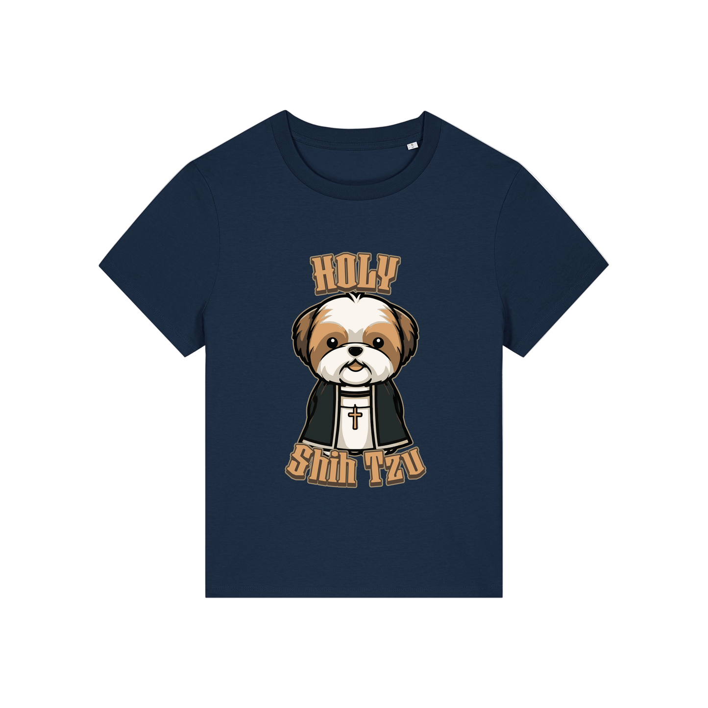 navy funny dog t-shirt with the graphic of a shihtzu dressed as a vicar and the slogan 'holy shihtzu'