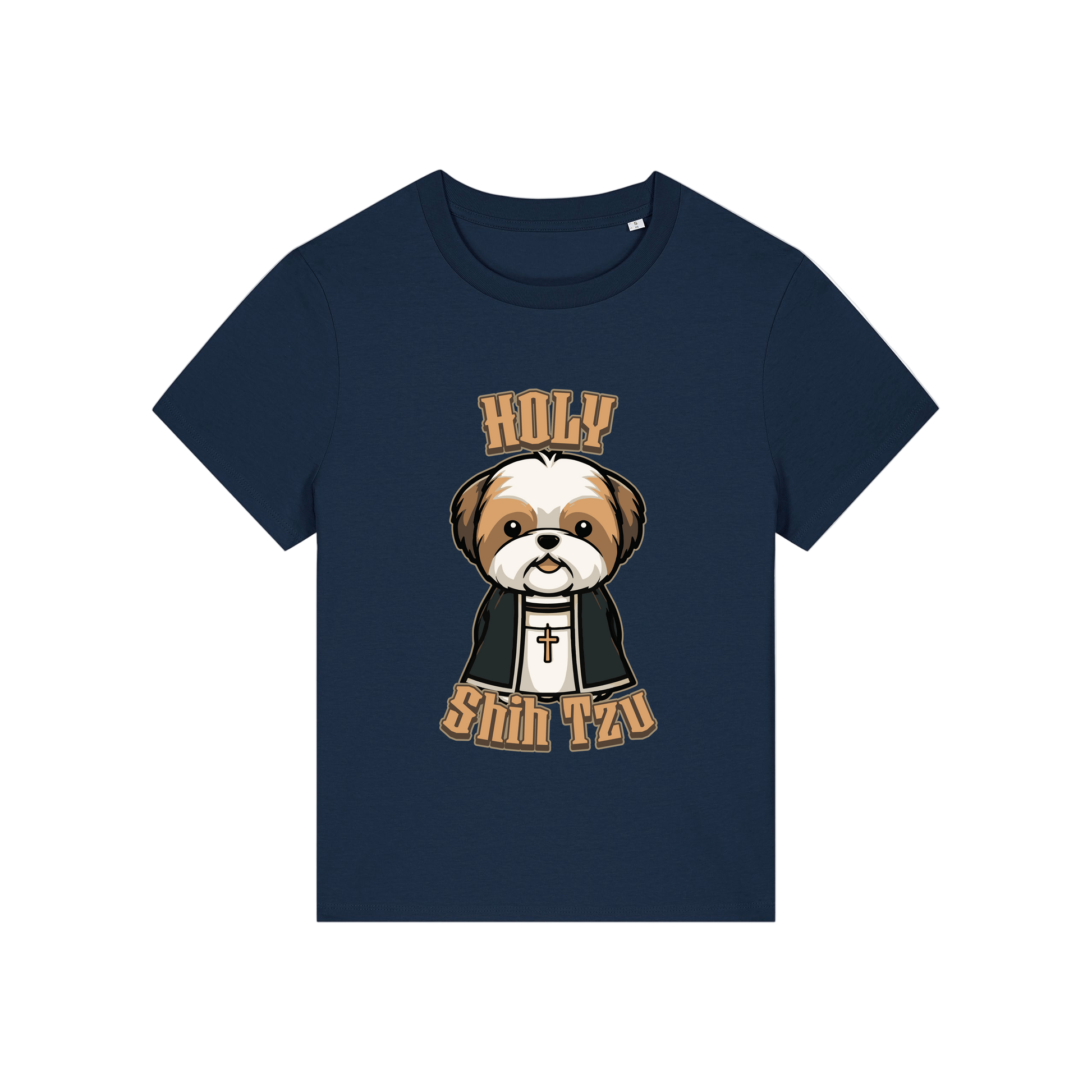 navy funny dog t-shirt with the graphic of a shihtzu dressed as a vicar and the slogan 'holy shihtzu'