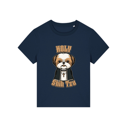navy funny dog t-shirt with the graphic of a shihtzu dressed as a vicar and the slogan 'holy shihtzu'