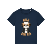 navy funny dog t-shirt with the graphic of a shihtzu dressed as a vicar and the slogan 'holy shihtzu'