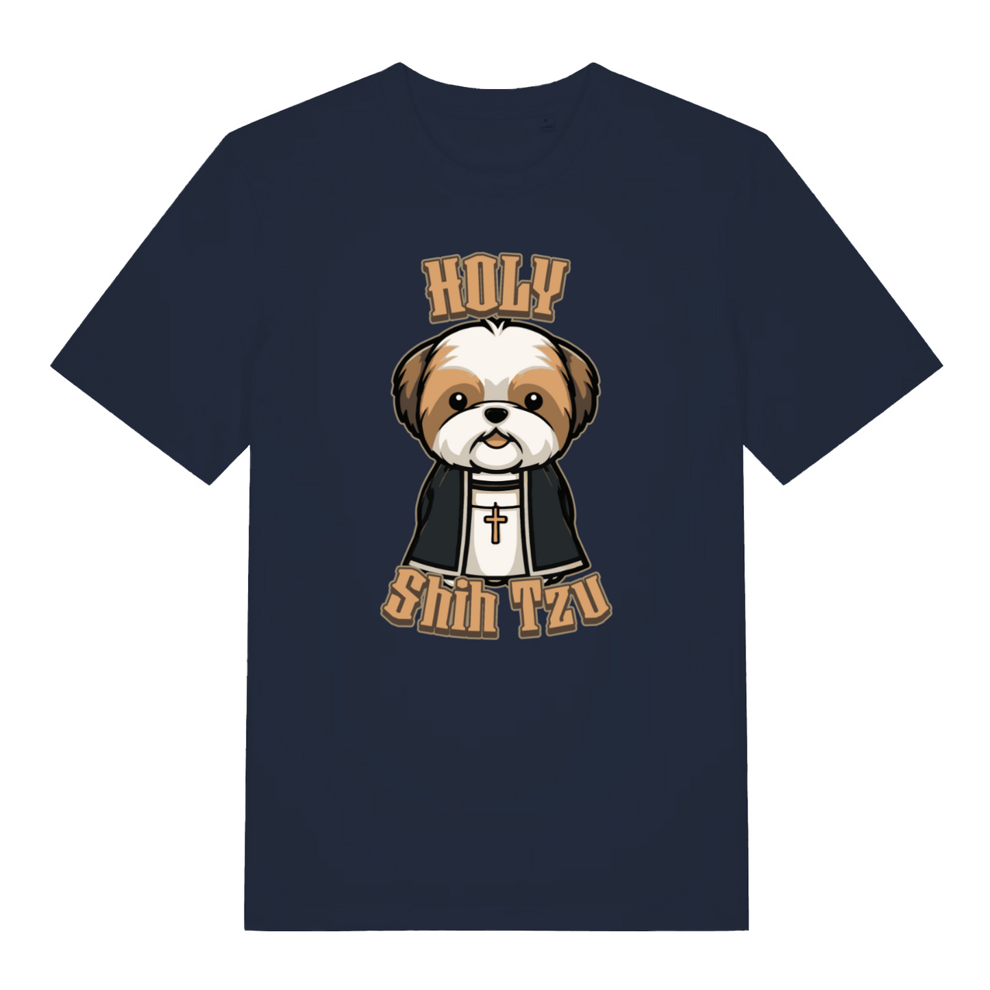 navy women's funny animal t-shirt with a cartoon dog and 'Holy Shih Tzu' text 