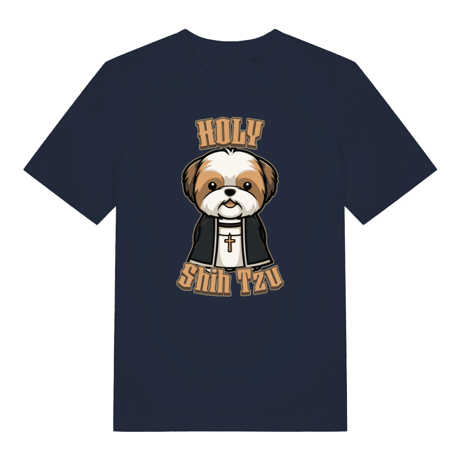 navy women's funny animal t-shirt with a cartoon dog and 'Holy Shih Tzu' text 