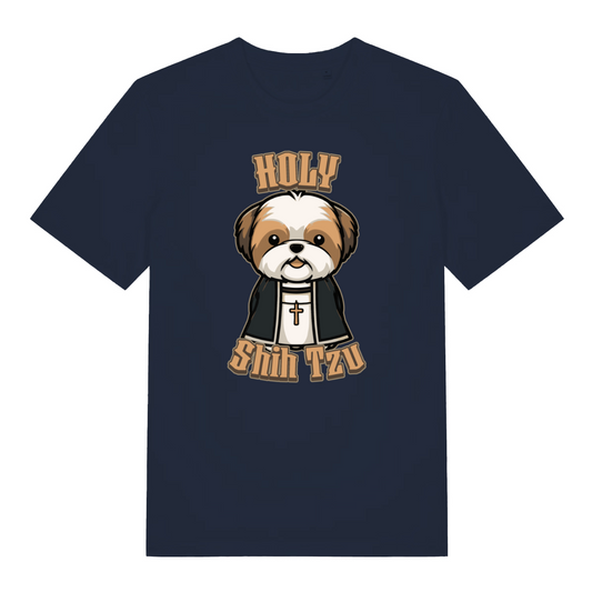 navy women's funny animal t-shirt with a cartoon dog and 'Holy Shih Tzu' text 