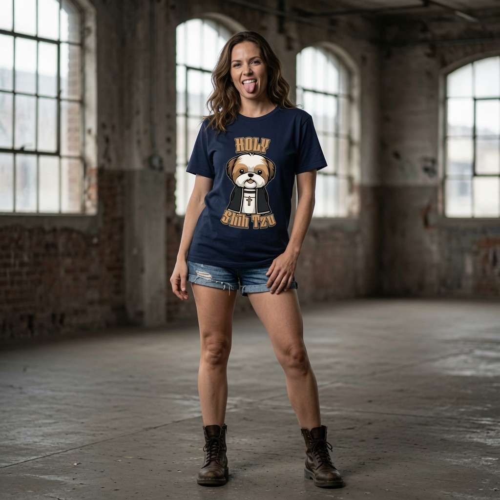 Woman sticking tongue out in navy Holy Shih Tzu tee with clerical Shih Tzu design, funny ladies witty shih tzu pun