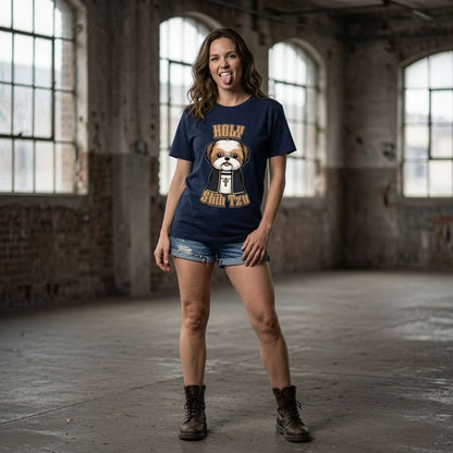 Woman sticking tongue out in navy Holy Shih Tzu tee with clerical Shih Tzu design, funny ladies witty shih tzu pun